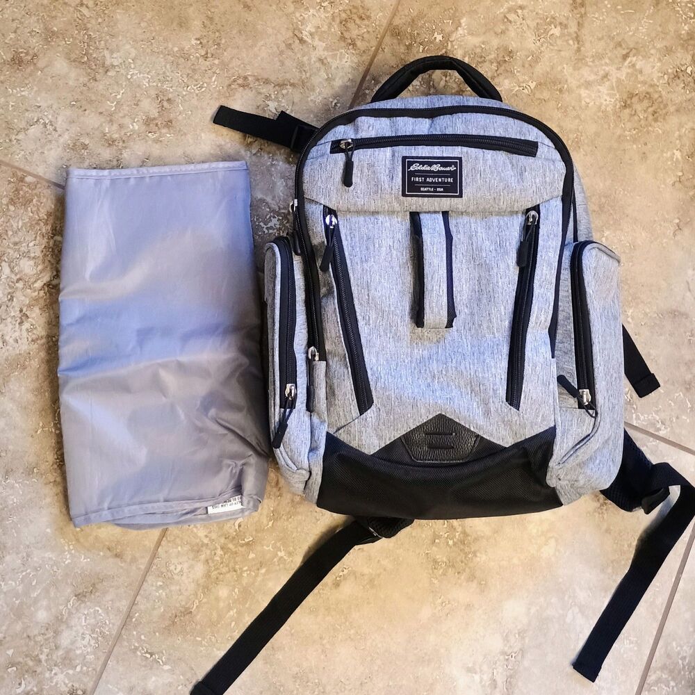 Eddie Bauer Rainier Backpack Diaper Bag 11 Pockets Gray Changing Pad - First Adv